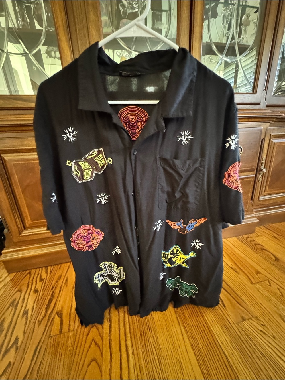 Men's Black Button-Up Shirt with Multicolor Embroidered Patches
